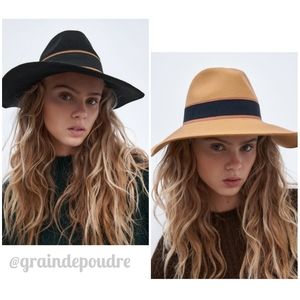 NIB Zara Special Edition Camel or Black Wool Felt Fedora Wide Brim Hat S M